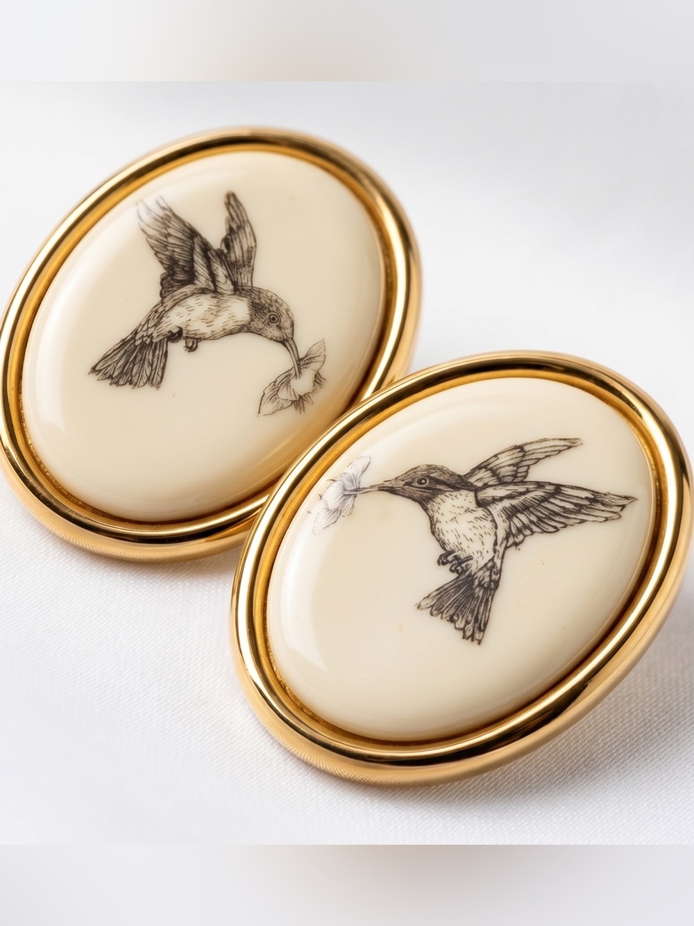 Vintage Hummingbird Oval Drop Stud Gold Earrings by Barlow